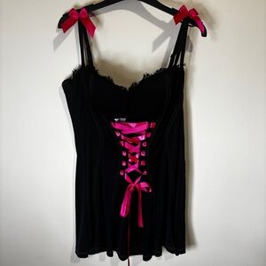 Y2K Vintage Intimate Attitudes Pink Ribbing Corset Lacing Babydoll Lingerie Mini